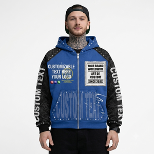 Sweat à capuche zippé personnalisé délavé à l'acide, patchwork, strass, broderie, coupe oversize et carrée, pour hommes, avec imprimé graphique - Product Image 1