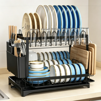 Égouttoir à vaisselle noir en acier inoxydable à 2 niveaux pour assiettes, tasses, couteaux et planches à découper – Vente en gros
