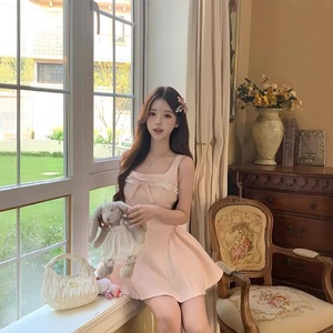 French Style Pink Bow Halter Dress Women Summer 2026 A Line Princess Puff Skirt Breathable Natural Waistline - Product Image 4