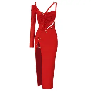 C2435 Gaun Maxi Panjang Wanita, Penjualan Laris Belah Bahu Tunggal Merah Gaun Maxi Pakaian Wanita