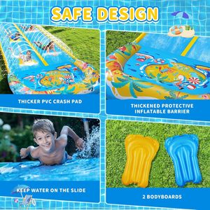 Tobogán Acuático con Estampado Tropical Azul y Amarillo, con Aspersor y 2 Tablas de Boogie para Niños, para Carreras en el Patio Trasero - Product Image 5