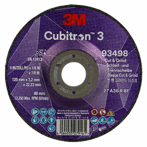 3M 93498 Cubitron 3 36+ T27 125mm*3.2mm*22.23mm (5 X 1/8 X 7/8 In) 10 pièces/paquet 20 pièces/boîte Disque <span class=keywords><strong>de</strong></span> découpe et <span class=keywords><strong>de</strong></span> meulage 3 - Product Image 1