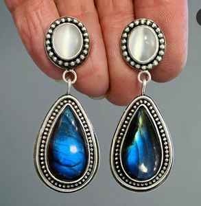 Moonstone and Labradorite Faceted Gemstone <b>Earring</b> 925 <b>Sterling</b> <b>Silver</b> Birthstone <b>Drop</b> Dangle Jewelry <b>Earring</b> for Fashion Charm - Product Image 1