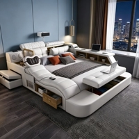 Lit intelligent multifonctionnel en cuir Tatami avec fonction massage, projecteur, haut-parleur Bluetooth, rangement, lit king size