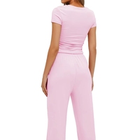 Ensemble 2 pièces décontracté tendance printemps-automne pour femme : T-shirt uni à manches courtes col rond et pantalon