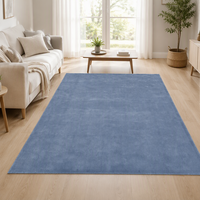 Tapis de salon de haute qualité fait main en laine et soie viscose bleu, design uni