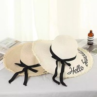 Topi Pantai Wanita Modis Bordir Huruf, Pinggiran Lebar, Bernapas, Hiasan Bunga dan Pita, Pelindung Sinar Matahari Musim Panas