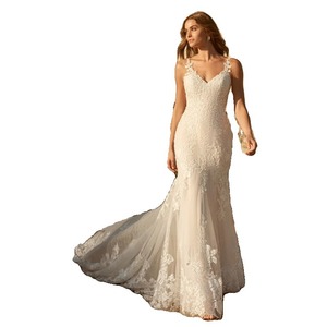 Ethereal Train Wedding Dress V-Neck Mermaid Silhouette Embroidered White Gown For Church Lawn Weddings - Product Image 5