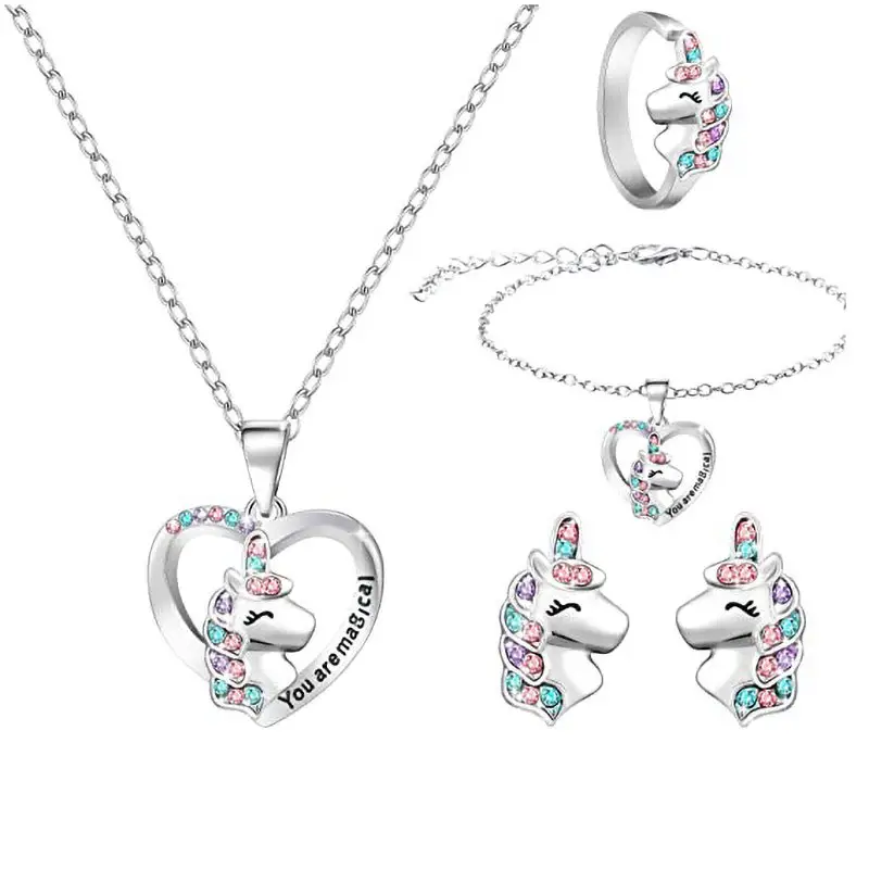 New Arrival Rhinestone Cute Sweet Colorful Zircon Heart Unicorn Necklace Bracelet Earrings Jewelry Set For Children Kids Girls