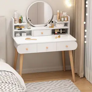High-end Nordic Modern Fresh And Elegant Style Dressing Table With Round Mirror And Drawers