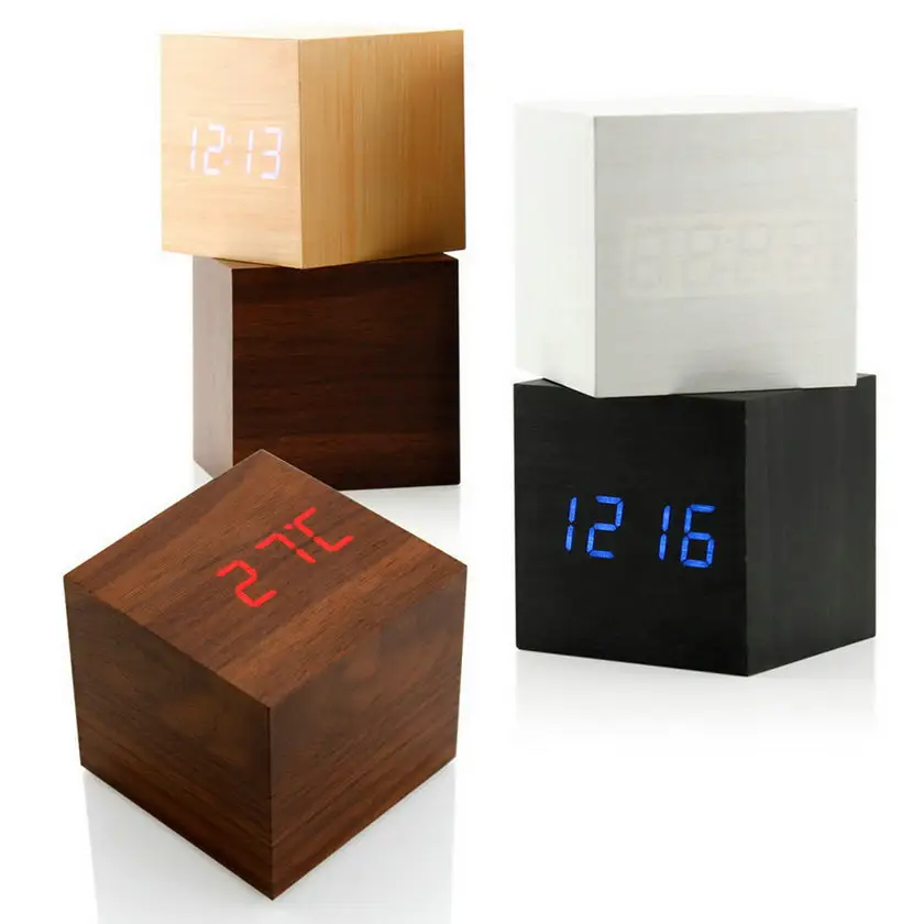 Multicolor Cube Desktop Digital Clock With Sound Control And Thermometer Display Wooden LED Alarm Clock