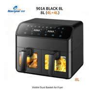 Friteuse à air intelligente double panier 8L (4+4L) OEM/ODM en acier inoxydable avec fenêtre de cuisson visible 2000W, antiadhésive, pour usage domestique