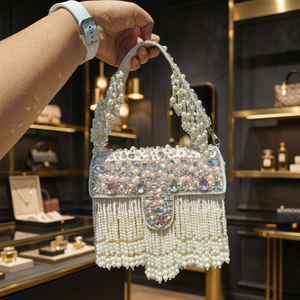 Elegant Beaded Evening <b>Clutch</b> <b>Bag</b> Pearl Fringe Crystal Decor Magnetic Closure Soft Eco-Friendly Shoulder Strap for Party <b>Wedding</b> - Product Image 3