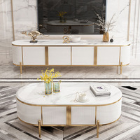 Vente en gros de modules TV modernes, ensemble meuble TV avec dessus en marbre et table basse, meubles de salon, 1 jeu de panneaux en bois doré en acier inoxydable