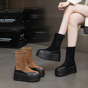 Bottes en <span class=keywords><strong>cuir</strong></span> vintage pour femmes, style simple et élégant, à semelle épaisse, rehaussantes, mi-<span class=keywords><strong>mollet</strong></span> - Product Image 2
