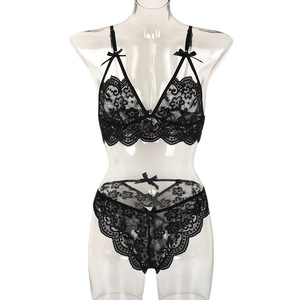 Conjunto de lencería de encaje rojo de 2 piezas con detalle de lazo, semitransparente, ropa interior sexy para mujer - Product Image 5