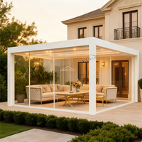 Motorisierte Aluminium-Pergola Pavillon 3x3m/3x4m Wasserdicht Windbeständig UV-Schutz LED-Beleuchtung Glas-Schiebetüren Balkon