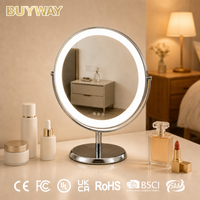 Miroir de maquillage LED rond argenté avec anneau lumineux et bras en U réglable, miroir de table inclinable en chrome poli