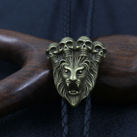 Collier Pendentif Bolo Tie Lion et Crâne en Bronze Antique, Bijou Multifonctionnel en Cuir Tressé PU et Alliage de Zinc, Style Western Cowboy pour Hommes