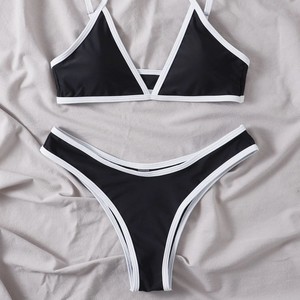 Conjunto de bikini de dos piezas para mujer, con cuello halter cruzado, ribete en contraste, corte alto elástico, traje de baño de spandex/poliéster para natación y deportes acuáticos - Product Image 1