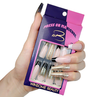 Kit de 24 faux ongles ballerine à paillettes, design français, couvrance totale, pour extension rapide, super longs, forme cercueil, outils de manucure