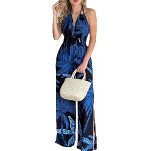 Combinaison élégante et décontractée pour femme, style européen et américain, col en V, longueur ras du sol, boutonnée, imprimée et colorée, vente en gros - Product Image 2