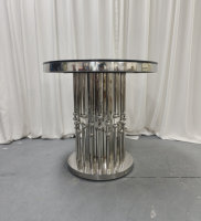Table ronde de banquet de mariage en acier inoxydable avec perles argentées et plateau en verre noir, personnalisable