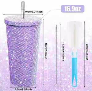 Vaso Térmico de Plástico con Brillo y Diamantes de Imitación, con Pajita, para Fiestas, Tazas de Viaje, en Rosa, Negro, Dorado, Morado y Multicolor - Product Image 2