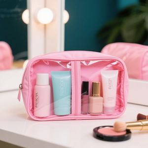 Pink <b>Transparent</b> <b>Makeup</b> <b>Bag</b> Double Sided Medium Size Cosmetic Organizer for Girls Gift Travel Storage Toiletry Pouch - Product Image 1