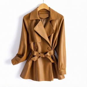 <b>Women</b> PU Leather Logo Breathable Double Breasted Waist-Tied Eco-Friendly Jacket <b>Women</b> Loose Black Brown Woven <b>Coat</b> <b>Spring</b> wear - Product Image 1
