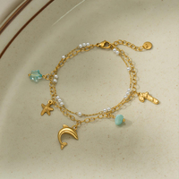 Pulsera de Acero Inoxidable de Doble Capa con Dijes de Delfín y Estrella de Mar, Chapada en Oro PVD de 18K, Resistente al Deslustre, Joyería Impermeable para Viajes a la Playa