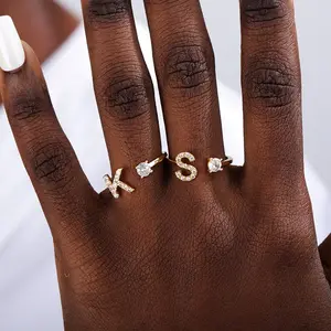 Go Party Hot A to Z 26 letters stainless steel zircon adjustable gold ring 18k plated initial letter rings