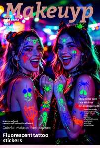 Autocollants de <span class=keywords><strong>tatouage</strong></span> fluorescents imperméables, motif araignée, crâne, épines, pour le corps et le visage, autocollants temporaires pour festivals EDM, Halloween - Product Image 6