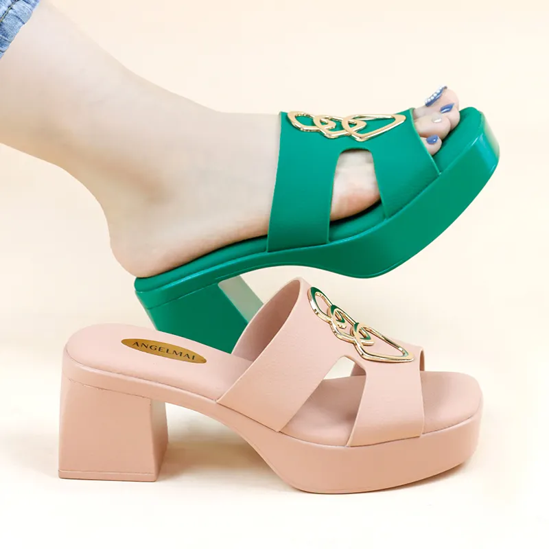 Outdoor Green Fashion trendy metal buckle Open Square Toe Pu Wedge Platform Slippers woman ladies high heel shoes sandals