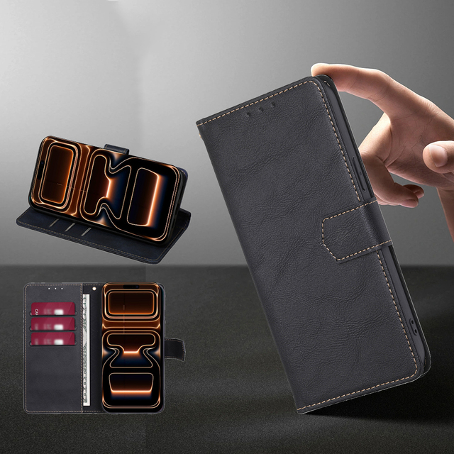 Classic Cowhide Texture Scratch-resistant Waterproof PU Leather Magnetic Wallet Case Shockproof  for Samsung S Iphone 15/16/17