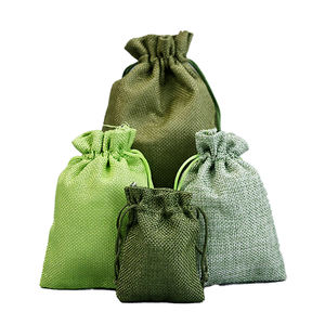 ジュエリーギフトラッピングとパッケージ黄麻布スタイルのためのカスタムグリーンベルベット巾着袋ミニリネンストリングポーチ - Product Image 5