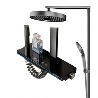 Sistema de ducha inteligente Gunmetal con cabezal de lluvia de montaje en pared, panel con teclas tipo piano, pantalla LED, estante de vidrio y bidé de mano con chorro suave