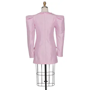 OUDINAホットセールファッションVネックデザインセンス長袖ジャケット女性ピンクブレザードレス