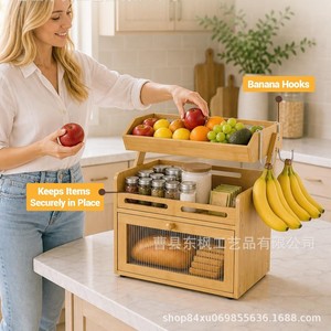 Caja de pan de madera con estante para frutas, organizador multifuncional integrado para encimera de cocina, para pan y frutas - Product Image 2