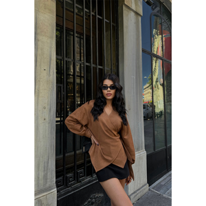 Chemise enveloppante en daim brun pour femmes, broderie florale en soie et mousseline, coupe ample, taille XL, pour le bureau ou les soirées - Product Image 3