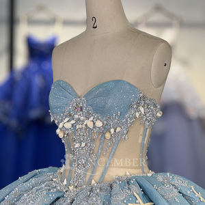 ชุดราตรีงาน Quinceanera สีฟ้าหรูหรา รุ่น Dy6854 ผ้าชีฟอง เอวธรรมชาติ แต่งลูกไม้ประดับเลื่อม งานปักลายฉลุ สำหรับงาน Sweet16 ป้องกันไฟฟ้าสถิตที่ไหล่ - Product Image 2