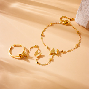 Butterfly Chain Gold Plated Stainless Steel <b>Bracelet</b> And Open Ring <b>Set</b> For Women Gift Jewelry - Product Image 2