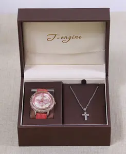 Custom Logo Luxury PU Leather Women Watch Necklace Engagement Gift Box Packaging With Pocket