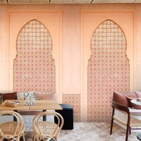 Papier peint mural personnalisé en tissu, motif géométrique d'arche marocaine islamique, couleur pêche chaude, pour chambre d'hôtes et salon