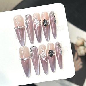 <span class=keywords><strong>Uñas</strong></span> postizas acrílicas hechas a mano al por mayor, cortas, almendradas, estilo francés, ojo <span class=keywords><strong>de</strong></span> gato, 3D, con flores tropicales, empaque personalizado - Product Image 3