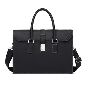 Men's Genuine Leather <b>Briefcase</b> Large Capacity Business Travel Bag Solid Color Blue - Product Image 2