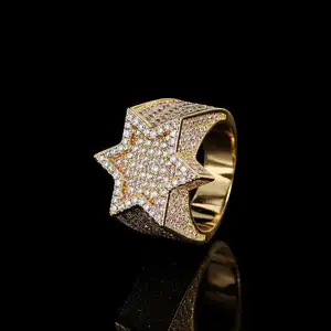 ฮิปฮอปแหวนเพชรเครื่องประดับผู้หญิงหกเหลี่ยมดาวไมโครปู3A CZ แหวนหินสำหรับผู้ชาย