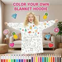 Couverture portable à personnaliser avec imprimé animalier de dessin animé, en polyester tricoté, à capuche, pour toute la famille, cadeau pour enfants, 15 marqueurs