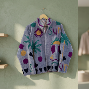 Veste en tissu éponge brodée à la main de qualité supérieure avec motif palmier et soleil, manches longues, col rabattu, style vacances d'été - Product Image 4