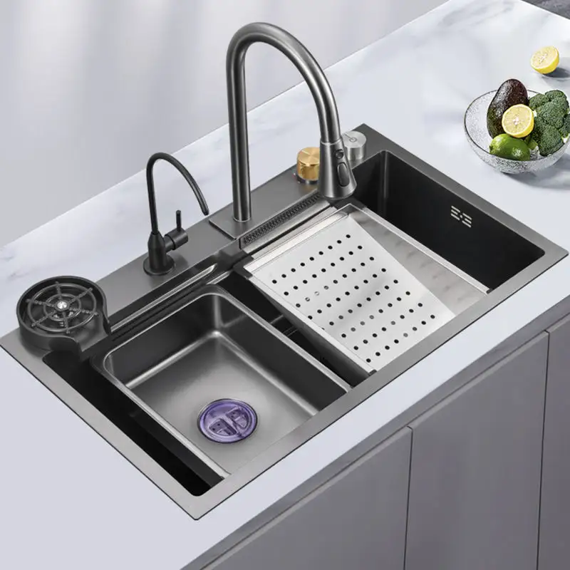 Zhihengda Modern Kitchen Single Bowl Waterfall Sink Polished Rectangular Counter Faucet Grey 201 Stainless Steel Above Counter